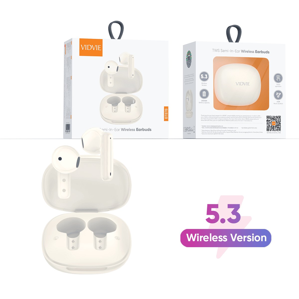 VIDVIE BT878 TWS Semi-In-Ear Wireless Earbuds